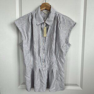 MAX STUDIO~ Pin Tuck Pleat Button Front Shirt, BlueWhiteBrown Stripe / Size S